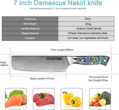 XITUO 7-Inch Nakiri Knife, Japanese VG-10 Damascus Steel (67 Layers), Razor Sharp Asian Vegetable & Meat Chopper, Ergonomic Abalone Shell Handle, Chef Knife with Gift Box2