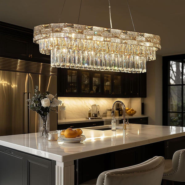 34.3" L Modern Crystal Chandeliers for Dining Room 12 Lights Gold Chandelier Large Luxury Chandelier Pendant Light Fixture, Kitchen Island,Entryway,Living Room 34.3" L X 8.7" H4