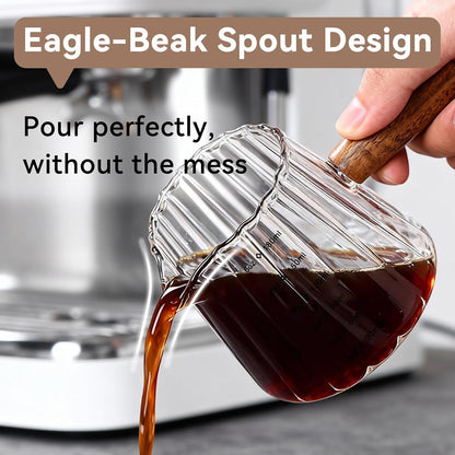 Glass Measuring Cup 6OZ, Espresso Accessories, Expresso Shots Cup, Espresso Shot Glass with V-Shaped Mouth, Ribbed Milk Frothing Pitcher, Coffee Espresso Cup(Wooden Handle)6