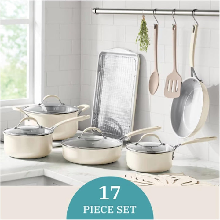 Pioneer Woman 17-Piece Ceramic Cookware Set with Strainer Lids and Cookie Sheet with Rack - Nonstick Pots and Pans Set (Cream)+2