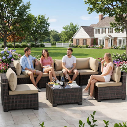 7 Pieces Outdoor Patio Furniture Sets,Rattan Conversation Sectional Set,Manual Weaving Wicker Patio Sofa with Tea Table1