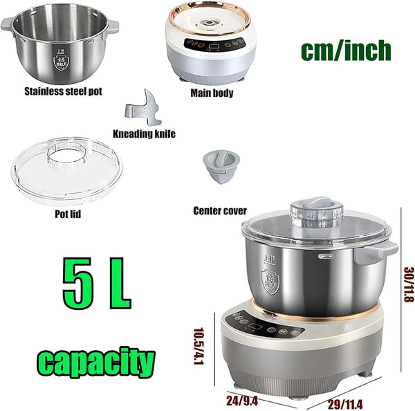 Electric Dough Maker with Ferment Function,Dough Mixer Kitchen Electric Household Stand Mixers, Microcomputer Timing,Face-Up Touch Panel,304 Stainless Steel,5L6