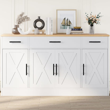 Buffet Cabinet with Storage,53.4" Large Kitchen Storage Cabinet with 3 Drawers and 4 Doors,Wood Farmhouse Buffet Sideboard with Adjustable Shelf for Kitchen Living Room, White2