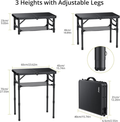 Folding Camping Table, 24"X 16" Adjustable Height Small Folding Table | with Storage Net, Aluminum Compact Folding Table, Lightweight, Portable Table for Outdoor Travel Cooking Picnic, Pure Black3