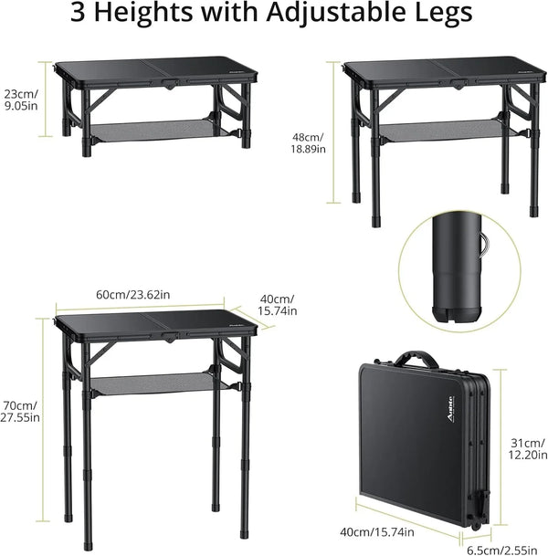 Folding Camping Table, 24"X 16" Adjustable Height Small Folding Table | with Storage Net, Aluminum Compact Folding Table, Lightweight, Portable Table for Outdoor Travel Cooking Picnic, Pure Black3
