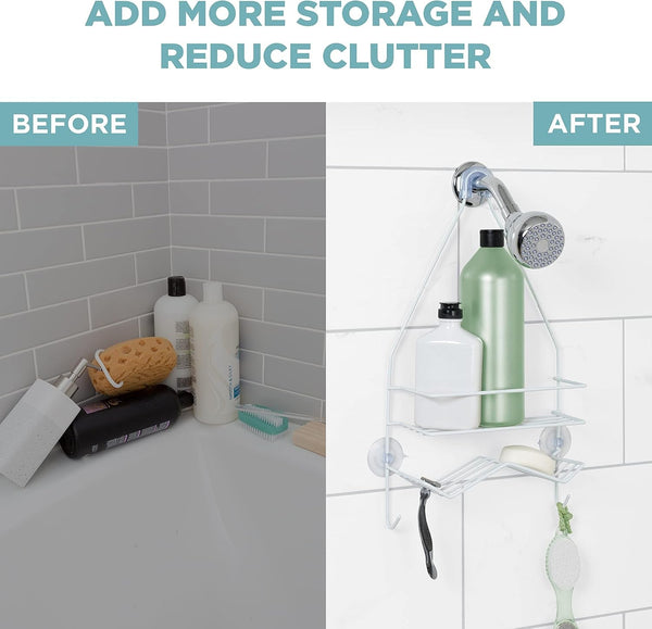 Rust Resistant Hanging Shower Caddy, over the Shower Head Caddy with 1 Wide Shelf and Built in Soap Dish, Steel Bathroom Hanging Organizer, White3