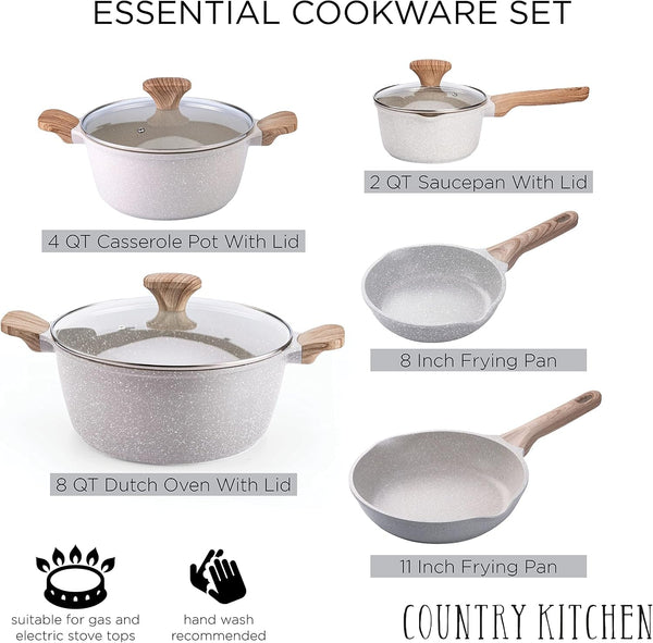 Non-Stick Cast Aluminum Cookware Set - Durable Kitchen Cookware for Everyday Cooking, Speckled Cream, 8 Pc.2