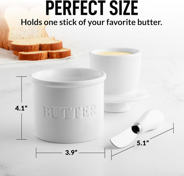 Bell Shaped Butter Crock with Lid for Countertop with Water Line & Spreader Knife, Ceramic French Butter Dish Keeper for Fresh, Soft & Spreadable Butter - White+2