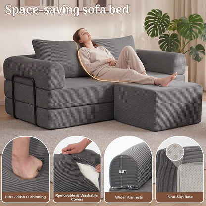 78.8″ Compressible Foldable Loveseat Sleeper Sofa Bed with Ottoman, 30D Powder-Free Foam Corduroy Couch, Space-Saving Convertible Sofa for Small Apartment, Living Room, Bedroom, Easy Setup4