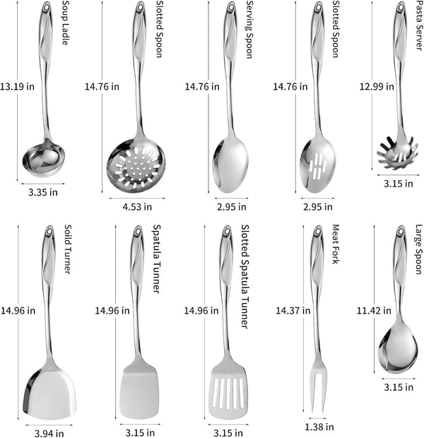 304 Stainless Steel Kitchen Utensils Set, 10 Pcs Metal Cooking Utensil, Mirror Polished Kitchen Gadget Cookware and Kitchen Tool Set, Dishwasher Safe2