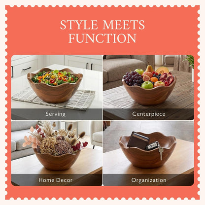 Premium Scalloped Acacia Bowl - Natural Finish, 10In Wide × 4In Height8