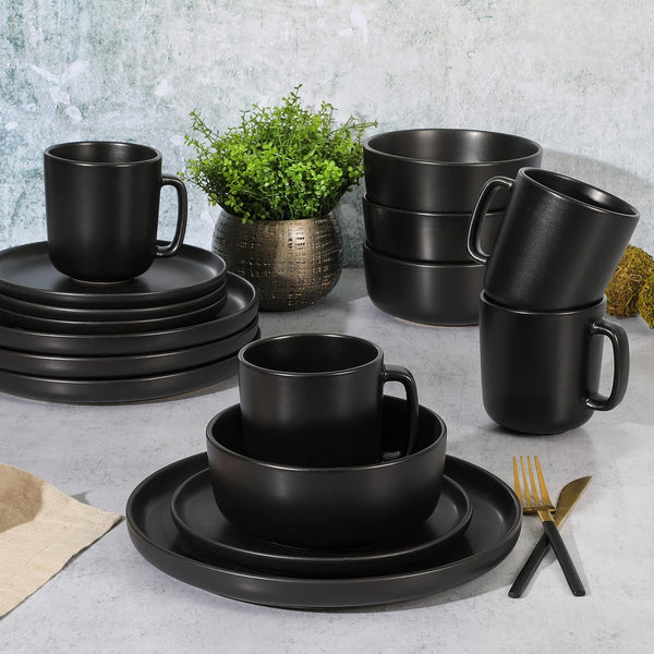 Zuma Stoneware Plates, Bowls, & Mugs Dinnerware Set - Matte Black, Service for Four (16Pcs)3