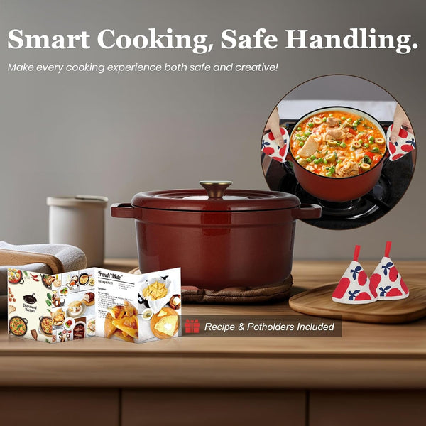 Enameled Cast Iron Dutch Oven - 5QT Pot with Lid Recipe Potholders | Pre-Seasoned Dutch Oven with Moisture-Sealing Lid, Oven Safe to 500°F, Heavy-Duty Cookware for Braising Stews Roasting Baking5