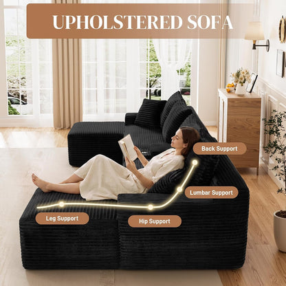 127" U Shaped Cloud Couch Modular Sectional Sofa, Comfy Fluffy Corduroy Black Boneless Sectional Couches for Living Room, Modern Cloud Sofas with Cup Holders & USB Port, Balck7