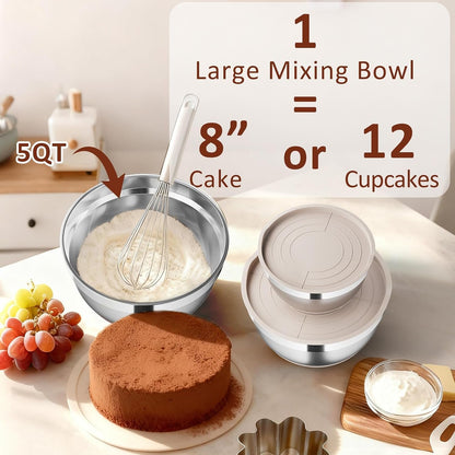 9 Pack Mixing Bowls with Airtight Lids & Grater Attachments, Khaki | Stainless Steel Bowl, Non-Slip Bases, Nesting Kitchen Bowl, Size 5, 4, 3, 2, 1.5,1Qt,For Food Prep, Baking, Storage & Serving6