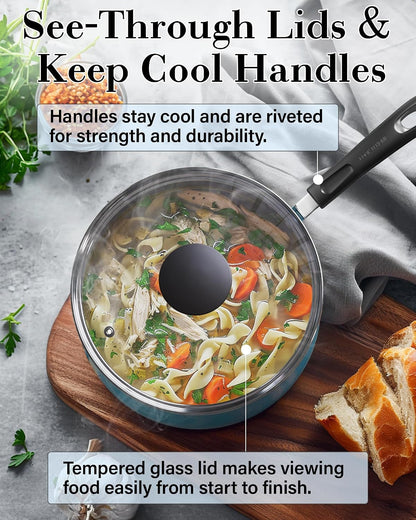 Professional Pots and Pans Nonstick Cookware Set, Belly Shape Kitchen Cooking Set with Frying Pans and Saucepans, Induction Compatible, 10-Piece, Turquoise6