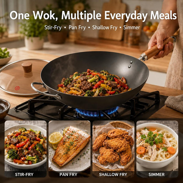 Carbon Steel Wok with Lid, 12.6 Inch Flat Bottom Wok Pan, Uncoated Stir Fry Pan with Wooden Handle, Chinese Wok for Gas, Electric, Induction & Ceramic Stoves | Uncoated Stir Fry Pan with Wooden Handle for Gas, Electric, Induction & Ceramic Stoves3