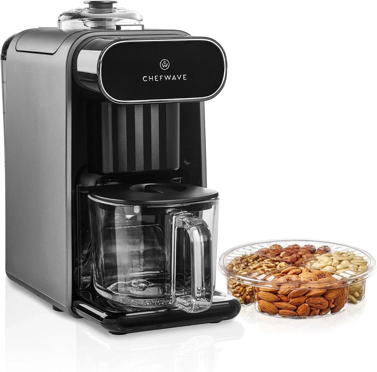 milkmade-soy-milk-maker-6-in-1-vegan-plant-based-milk-machine-with-auto-clean-and-delay-start-almond-oat-soy-cashew-coconut-macadamia-milk-maker-with-nut-platter-silver-black-self-cleaning-cycle-delay-start-glass-pitcher