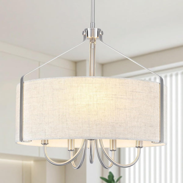 Drum Chandelier for Dining Room, 5-Light Modern Brushed Nickel Chandelier with Linen Shade, 18" Hanging Linen Drum Pendant Ceiling Light Fixture for Entryway, Foyer, Living Room, Kitchen, Bedroom1