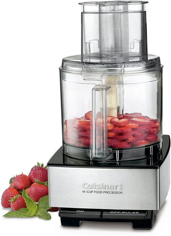 Cuisinart 14-cup food processor with fresh strawberries inside and beside the machine1