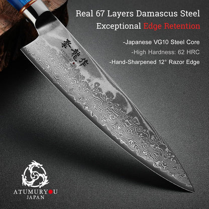 Japanese Chef Knife Set 3 Pcs, 67-Layer Damascus Kitchen Knife Set with VG10 Steel Core, Professional Sharp Damascus Knives with Ocean-Blue Ergonomic Handle, Include Elegant Cooking Gifts Box3