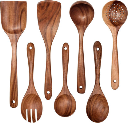 Wooden Non-Stick Kitchen Pan Toolset 7 Pieces Set, Natural Kitchen Utensils Spatula, Wooden Cooking Utensils Spoons, Fried Spatula and Salad Fork1