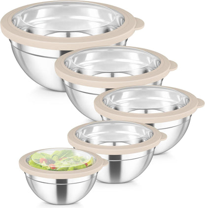 Mixing Bowls Set, Stainless Steel Salad Bowl with Lids, Khaki1