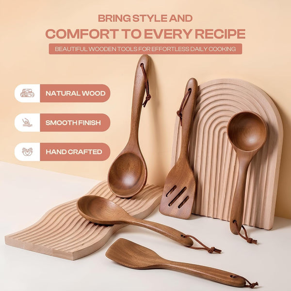 Wooden Kitchen Utensil Set – Non Toxic Mahogany Wooden Spoons for Cooking,Spatula,Turner, Slotted Spatula & Ladle – Natural Wood Cooking Utensils – Housewarming Gift2