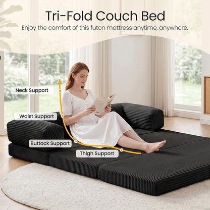 Convertible Sofa Bed, Tri-Folding Mattress Queen Futon Couch Bed, Boneless Sleeper Couch Bed with Removable Armrests & Washable Cover for Guest Room, Living Room, Queen, Black5