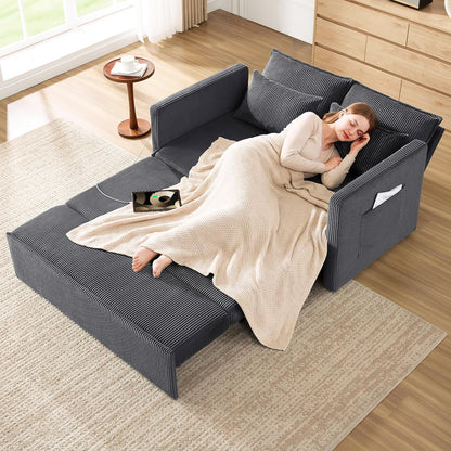 86” Extended Convertible Sofa Bed, Loveseat Sleep Sofa with USB Ports, Pull Out Couch with 6-Position Adjustable Backrest, Corduroy Couch Bed with Side Pockets for Living Room, Dark Grey2