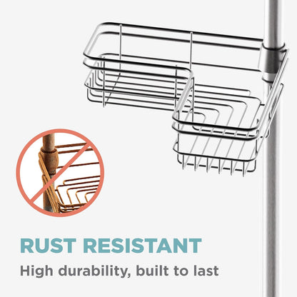 Tension Pole Shower Caddy Corner Organizer, Adjustable Standing Shower Caddy with 4 L-Shaped Baskets and Hooks, Rust Resistant Bathroom Tension Rod Organizer, 60 to 97 Inch, Satin Nickel5