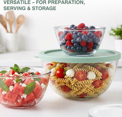 Borosilicate Glass Mixing Bowls with Bpa-Free Lids Set of 3 (4.7, 2.9, 1.6 QT), Large Salad Bowl for Kitchen Baking, Cooking, Serving, Meal Prep, Dishwasher, Freezer & Microwave Safe6
