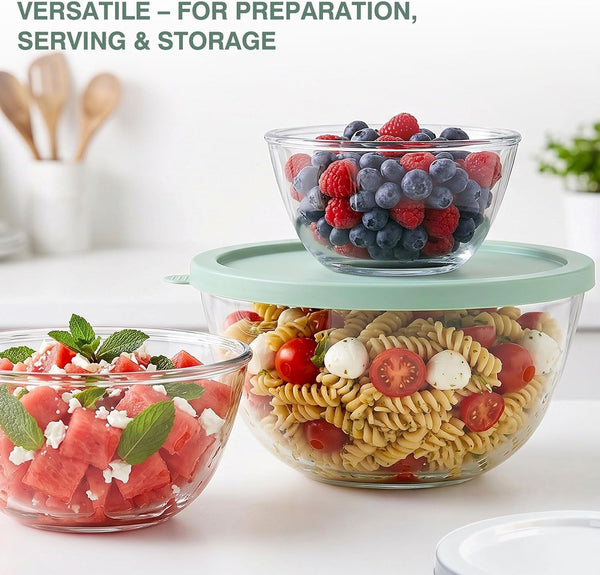 Borosilicate Glass Mixing Bowls with Bpa-Free Lids Set of 3 (4.7, 2.9, 1.6 QT), Large Salad Bowl for Kitchen Baking, Cooking, Serving, Meal Prep, Dishwasher, Freezer & Microwave Safe6