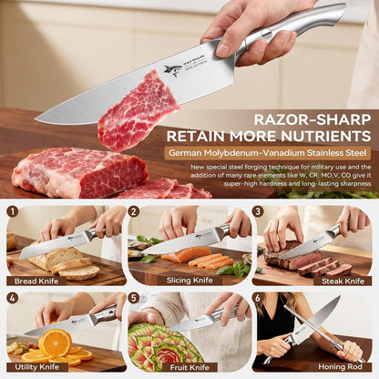 Drawer Knife Sets, 11 Pieces Kitchen Knife Set with Block | High Carbon Stainless Steel Knives with Sharpener Rod, Non Slip Ergonomic Handle, Quality Drawer Organizer, Gift Box3