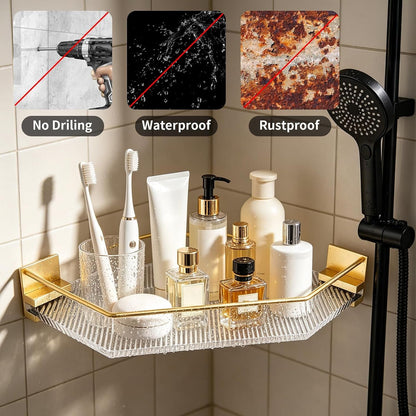 Shower Corner Caddy with Hooks , 2 Pack Luxury Organizer with Upgraded Adhesive System for Bathroom,Kitchen & Balcony, Floating Shower Wall Shelf Bath Basket Rack Heavy Duty 2 Pack (Gold,Acrylic)3