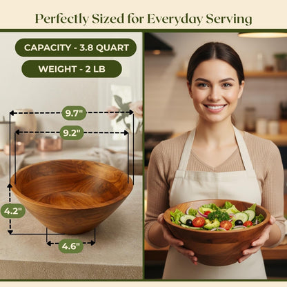 Salad Bowl, 3.8 Qt Acacia Wood Mixing & Serving Bowl, Medium Size2