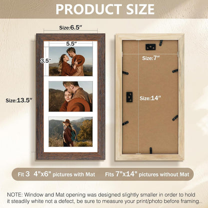 , Collage Frame 7X14 for 3 4X6 Photos Wood Distressed Brown3