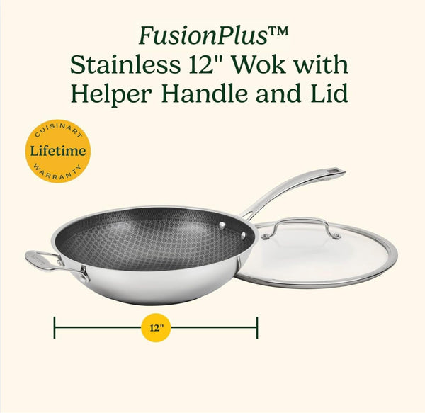Wok Pan, Purelysear Hybrid, Stainless Steel, 12 Inch | Hybrid Stainless Steel Wok with Lid for Stir-Fry/Steaming, Ceramic Pan, Induction Compatible, Oven Safe to 500°F, FPS26-30HC8