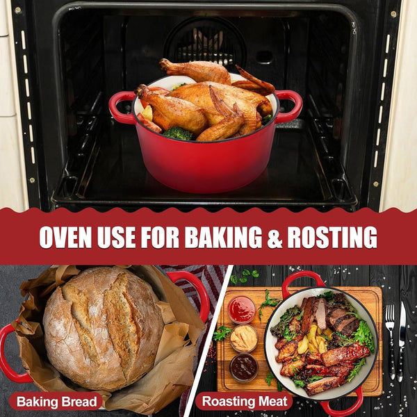 2 in 1 Red Dutch Oven Pot with Lid for Bread Baking, 5Qt | Cast Iron Bread Dutch Oven, Skillet & Pot for Roasting Braising Stewing Frying Simmering, Multi Stoves & Oven Safe6