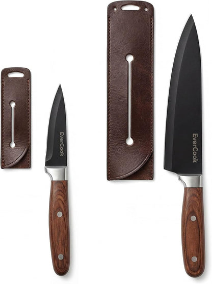 4-Piece Kitchen Knife Set - 6" Chef, 3.5" Paring & 2 Sheaths | Black-Coated Stainless Steel Cutlery, Brown Wood-Pattern Handles, Hollow-Ground Blades, Soft TPR Grip, Comfortable Control1