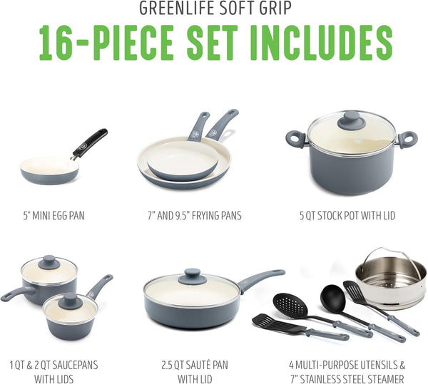 16 Piece Ceramic Nonstick Pots & Pans Cookware Set, Gray | Pfas-Free Nonstick Coating, Stockpot, Frying Pans, Saucepans, Sauté Pan, Stay-Cool Handles, Dishwasher & Oven Safe up to 350F3