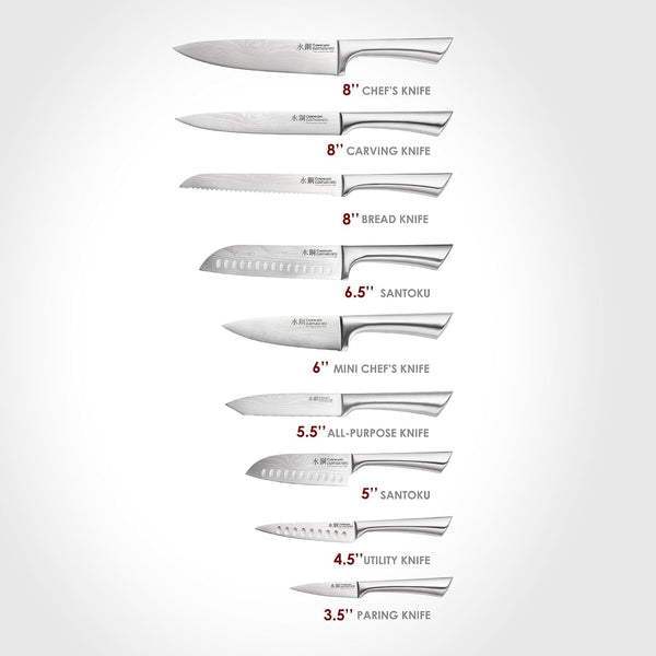 Damashiro Knife Block (Hiryu, 10-Piece Set) - Premium Japanese Steel Knife Set with Acacia Wood Block & Tempered Glass Window - Damascus-Inspired Blade2