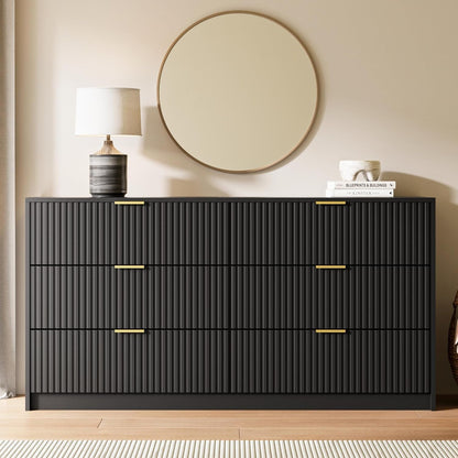 Black 6 Drawer Dresser for Bedroom, 55" Wide Modern Chest of Drawers with Gold Metal Handles, Fluted Wood TV Stand for Living Room, Hallway6
