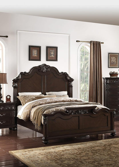 Peanu Traditional Eastern King Bed, Antique Cherry, Carved Details, Bun Feet, 90 X 84 X 68 Inches1