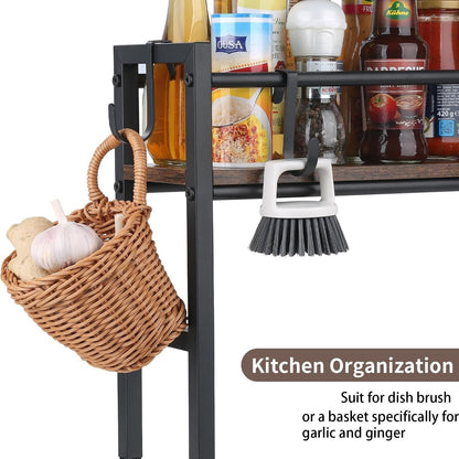 Spice Rack Shelf for Kitchen Stove, over the Stove Shelf with 4 Hooks Extra Storage Countertop, Rustic Wood & Solid Metal Commbined Stove Shelf for Storage Seasoning, Easy to Assemble6