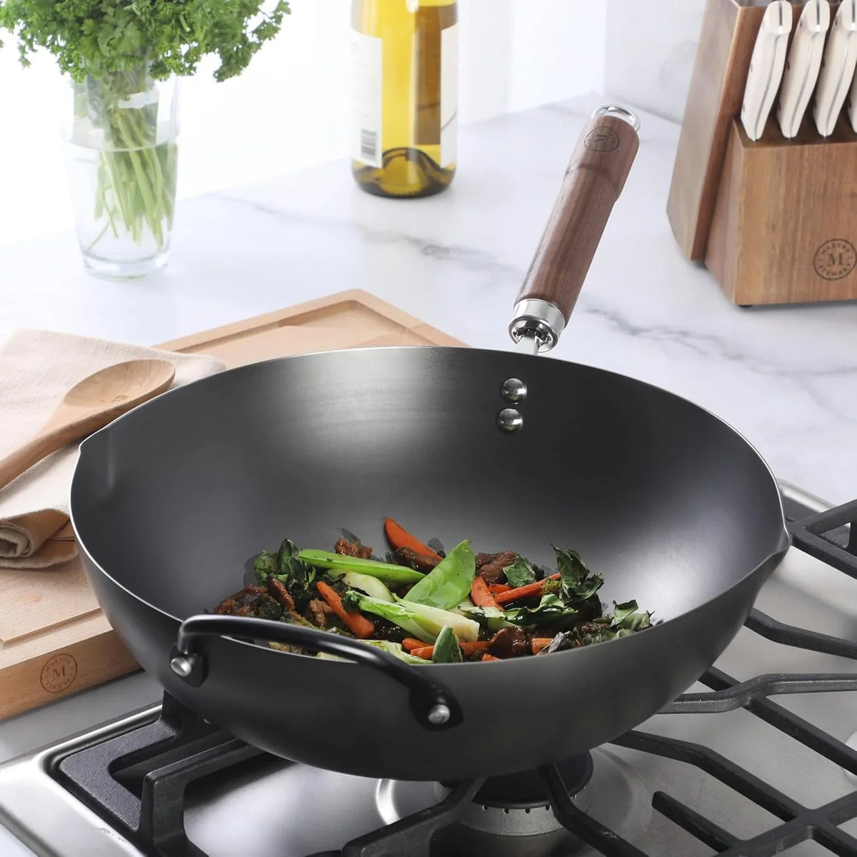chisholm-13-5-inch-carbon-steel-nonstick-wok-pfas-free-wok-pan-flat-bottom-stir-fry-pan-with-long-walnut-wood-handle-helper-handle-black