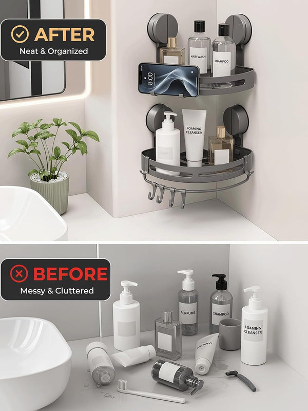 2 Pack No Drill Corner Shower Caddy, Dual-Lock, Towel Bar & Hooks6