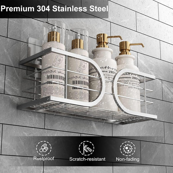 Shower Caddy No Drill Wall Mounted 304 Stainless Steel Durable Large Capacity Adhesive Shower Rack Organiser Quick Dry Rustproof Bathroom Storage Shelves - 2 Pack (Silver)3