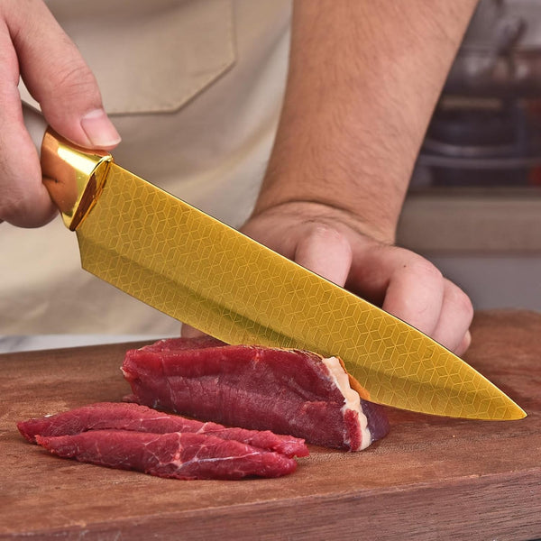 Knife Set, Non Stick Thick and Sharp Stainless Steel Kitchen Knives Set with Wood Block, 14 Pcs Cutlery Knives Block Set with Steak Knife, Bread Knife, Scissors, Chef Quality, White Handle Gold Blade6