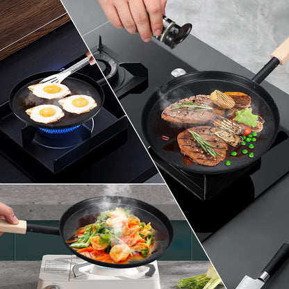 Frying Pan Skillet Pre-Seasoned 8-Inch Flat Griddle Pan | Lightweight Grill Pan with Wooden Handle for Camping Indoor Outdoor Cooking (Black, 8-Inch)8